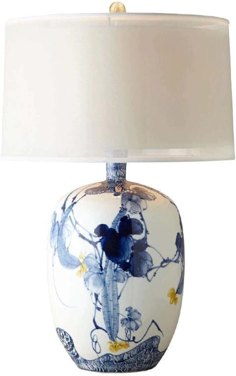 Lampada da tavolo moderna in ceramica, dipinta a mano, stile rurale con paralume in tessuto bianco sporco, comodino classico