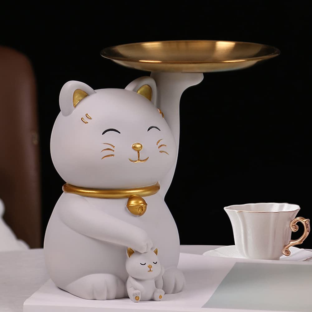 Key Bowl for Entryway Table, Fortune Cat Statue Candy Dish for Office Desk Art Home Decor (C - Grey)