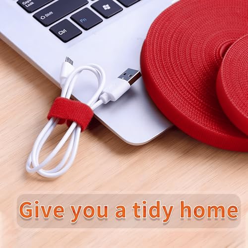 Image of IFNOW 32FT Reusable Fastening Tape Cable Ties Double-Sided Hook-and-Loop Cable Management Tape Strength and Durability 0.4'' /Width (2, Red)