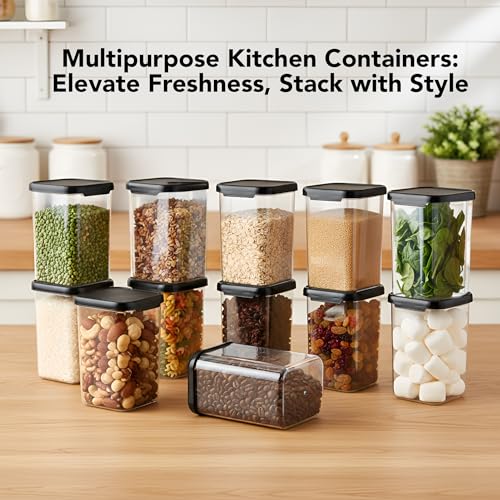 Image of Plastic Airtight Containers Set For Kitchen Storage And Containers Box For Pantry Organization And Container (1100ml, Black And Transparent) Set of 12