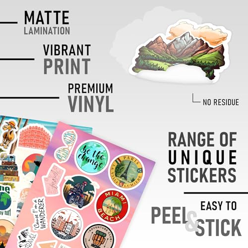 Image of CodersParadise 60-Pack Travel Stickers - Waterproof Vinyl Self-Adhesive Decals for Laptop, Luggage, Backpack, Journal, Scrapbook, Bike & Accessories - Residue-Free Travel-Themed Sticker Set