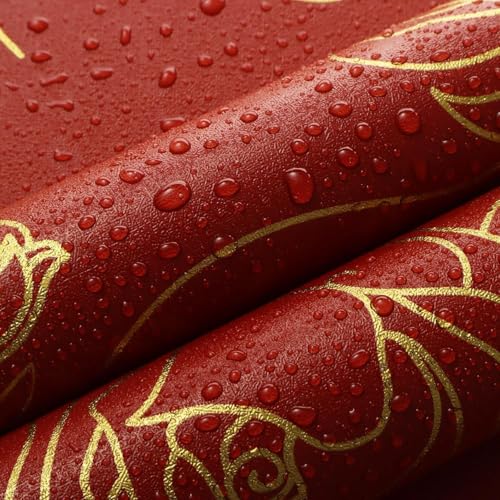 Image of Red and Gold Rose Wallpaper - Self Adhesive Peel and Stick Floral Wall Stickers, Waterproof PVC Vinyl Decorative Paper for Home, Bedroom, Living Room & Furniture (45cm x 300cm)