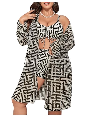 SweatyRocks Women's Plus Size Bathing Suit 3 Piece Geometric Boyshorts Swimsuit with Kimono Cover Up Bikini Set