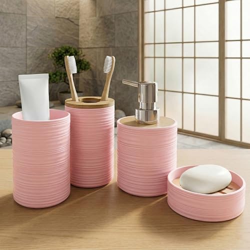 Image of Story@Home 4 Pieces Bathroom Accessories Set | Toothbrush Holder, Soap Dispenser, Mouth Wash Cup & Soap Dish for Home Kitchen & Bathroom | Bathroom Essentials for Office - Peach