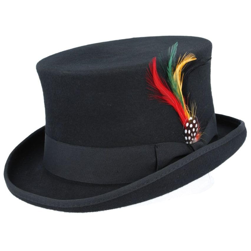Xposed Menâs Traditional Black 100% Wool Felt Top Hat Handmade Stiff Shell with Feather [TH301-BLACK-M]