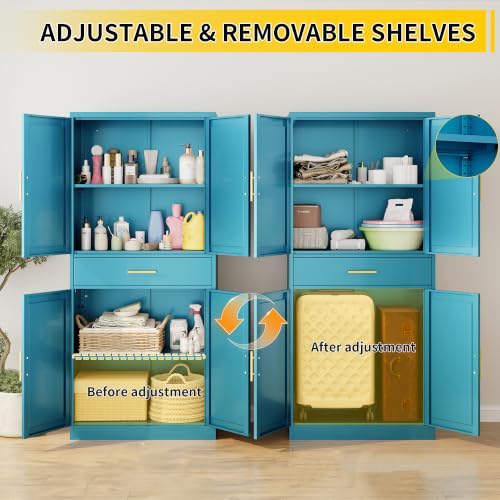 Image of Wanfu Metal Kitchen Pantry Cabinet, 71 inch Tall Kitchen Storage Cabinet with 1 Drawer, Doors and 2 Adjustable Shelves, Metal Storage Cabinet for Kitchen, Dining Room, Living Room- Blue