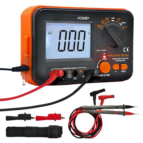 Digital Megohmmeter Isolationswiderstandstester Isolationswiderstand 0.1M-2G mit 250V/500V/1000V Prüfspannung mit hintergrundbeleuchtetem LCD-Display Inkl. Messspitzen Krokodilklemmen
