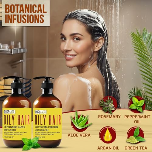 Image of Oily Hair Shampoo and Conditioner Set - Sulfate Free Moisturizing Cleanse for Oily, Flaky Scalps - Fights Dandruff and Itchiness - Salon Professional Formula - For Men and Women - 16 Fl Oz (Set of 2)