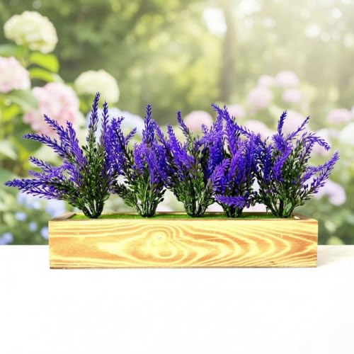 Image of Dekorly Artificial Lavender Plant in White Pot, 18cm - Realistic Faux Flower Arrangement for Home & Office Decor (Set of 1) (1, Wooden Pot)