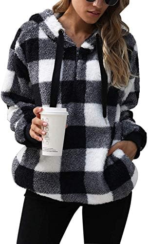 Yanekop Womens Oversized Athletic Hoodies Women's Gifts for Christmas Sherpa Sweatshirts Fuzzy Fleece Outerwear(Black White Plaid,L)
