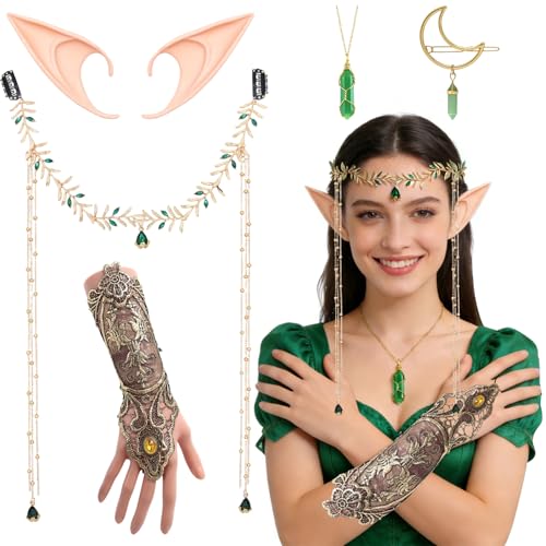 Kits de Déguisement Fée d'Elfiques Costume Elfe - Couronne de Bandeau de Fée de la Forêt | Gants en Dentelle | Oreilles d’Elfe | Collier de Cristal et...