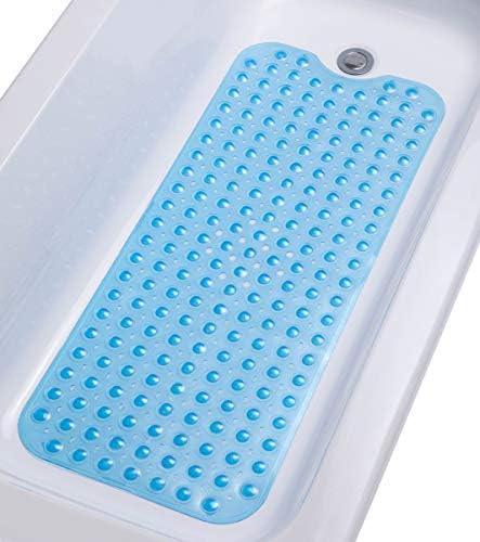 TIKE SMART Extra-Long Non-Slip Bathtub & Shower Mat 39”x16” (Smooth/Non-Textured Tubs Only) Safe, Clean, Machine-Washable, Superior Grip&Drainage, Vinyl, Transparent Light Blue