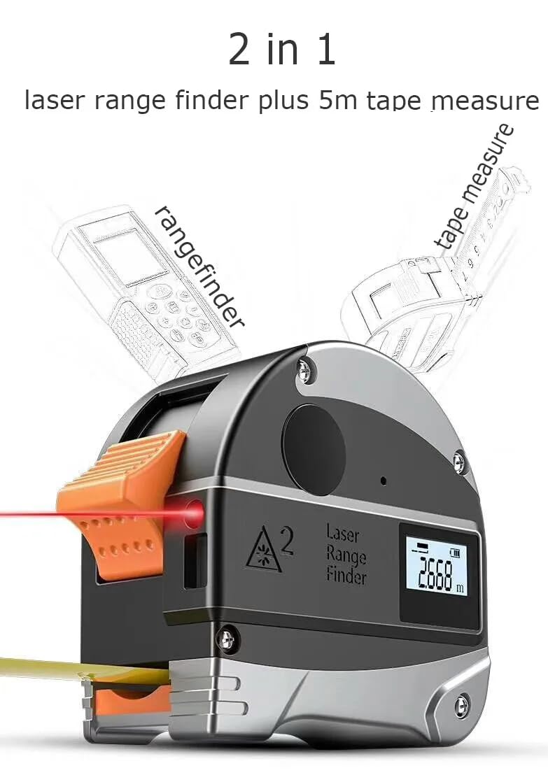 Cyfrowa taśma laserowa 2 w 1, 40 m, laserowa taśma pomiarowa z automatyczną blokadą 5 m, ładowana przez USB, cyfrowa taśma miernicza z laserem, wyświetlacz LCD, precyzyjne laserowe narzędzie pomiarowe