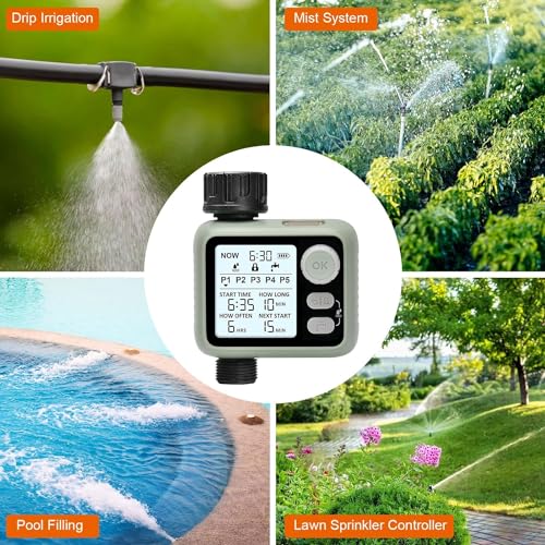 Image of Pinolex Water Sprinkler Timer for Self Watering Pots & Drip Irrigation Kit, Programmable Hose Timer with Backlight Display, 5 Watering Programs, Child Lock, Rain Sensing, Auto & Manual Modes