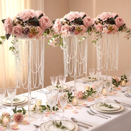 Amyhill 10 Pcs Tall Vases Wedding Centerpiece for Tables 23.6 Acrylic Wedding Flower Stand Flower Vase Floral Stand with Pearl Chain for Reception Dinner Tables Party Ceremony Birthday Event Decor