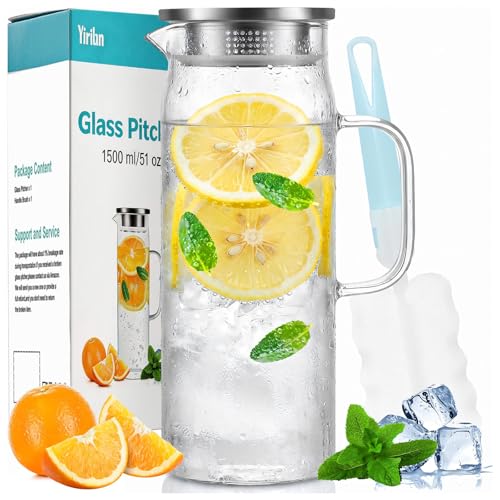 Yirilan Water Jug with Lid, 1.5 Litre Glass Water Jug, Hot and Cold Glass Pitcher Jug, Fridge Water Jug with Cleaning Brush, Water Carafe, Tea Pitcher, Beverage Pitchers