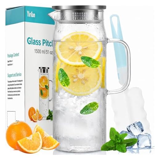 Yirilan Glass Pitcher,51oz/1.5liter Glass Pitcher With Lid,Carafes & Pitchers,Iced Tea Pitcher,Water Carafe With Handle,Heat Resistant Borosilicate Glass Jug,Beverage Pitcher, Tea Jug(With Brush)