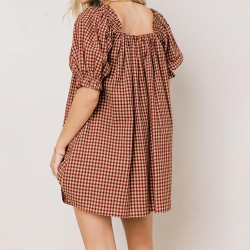 Image of Women Y2k Puff Sleeve Babydoll Dresses Square Neck Tie Back Mini Dress Summer Solid Off Shoulder Flowy Sundress