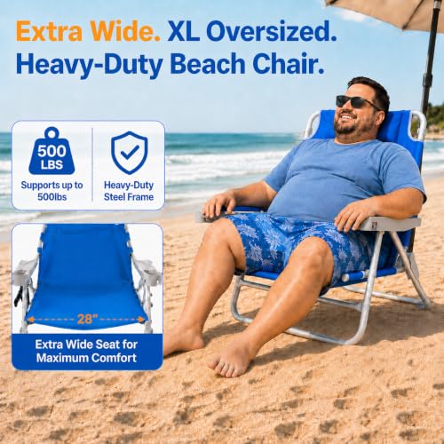 Image of SUNNYFEEL XL 28 inch Extra Wide Beach Chair for Adults,Low Backpack Beach Chair | 5-Position Lay Flat Reclining, 500 lb Heavy Duty Folding Chair with Pillow & Cup Holder, Navy Blue