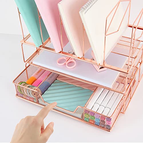 Youbetia Rose Gold Desk Organizers, All In One Desktop File Organizer With File Sorters + Drawer, Desk Accessories & Workspace Organizers With Paper Tray For Office Supplies #TOP5