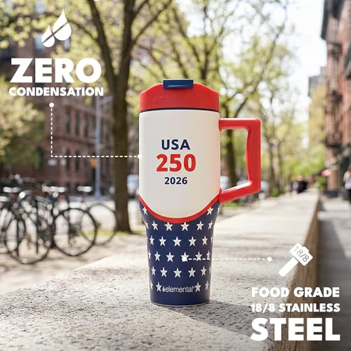 Image of Elemental 100% Leak Proof 32oz Tumbler with Handle & Straw Travel Mug | Stainless Steel Double Wall Insulated Tumbler for Hot and Cold Beverages with Sip & Straw Lid