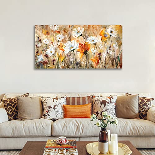 Image of Large Flowers Wall Art White Daisy Canvas Pictures Abstract Orange Yellow Red Floral Wall Decor Elegant Artwork Painting Prints for Living Room Bedroom Kitchen Home Office Decoration Framed 29 inchx 58 inch