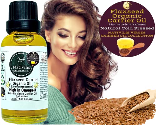 Nativilis Huile de Lin Bio (Linum usitatissimum) - Huile de Lin - Cheveux Visage Peau - Naturellement pressée à froid - Riche en oméga-3 Lissage de la peau - Hydrate la peau sèche Copaïba