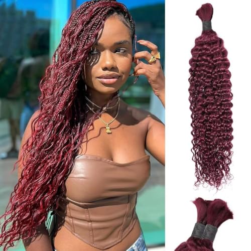 Burgundy Human Braiding Hair Deep Water Wave Bulk Human Hair 50g 24 Inch Color 99J Curly Human Hair for Boho Braids Hair Extensions No Weft 1 Braids Per Pack Wet and Wavy