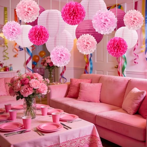 Image of 18 PCS Pink Paper Lanterns & Tissue Paper Pom Poms for Girls Birthday, Baby Shower, Wedding, Bridal Shower, Hanging Paper Decor, Party Decoration Set for Indoor Outdoor Events Theme Party Supplies