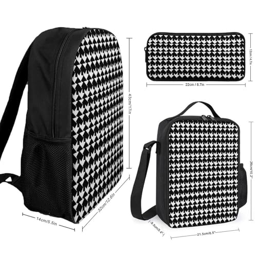 3 Piece Backpack for Women Men Lightweight Causal Daypack Shoulder Bag Set with Insulated Lunch Bag And Pencil Case Organizers Houndstooth Black2
