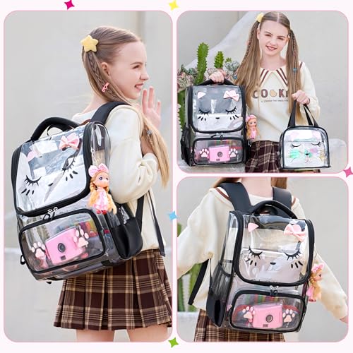 AO ALI VICTORY Girls Backpacks with Tote Bag Heavy Duty PVC Transparent Cute Backpack for Kids Toddler Girls Preschool Bookbags Elementary School Bags See Through Casual Travel Daypack, Black Set2