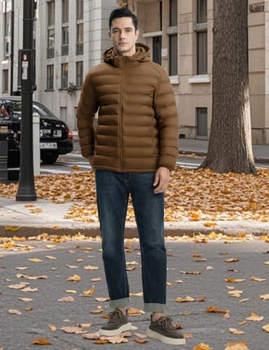 Image of TBMPOY Men's Lightweight Puffer Jackets Detachable Hood Water-Resistant Casual Winter Coat Hooded Insulated for Travel Ski