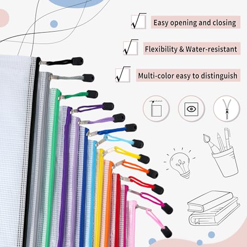 Image of EOOUT 72pcs Mesh Zipper Pouch, A4 Size, 12 Colors Zipper Bags for Organizing Storage, Waterproof Puzzle Bag, Zipper File Bags for Board Games and School Office Supplies