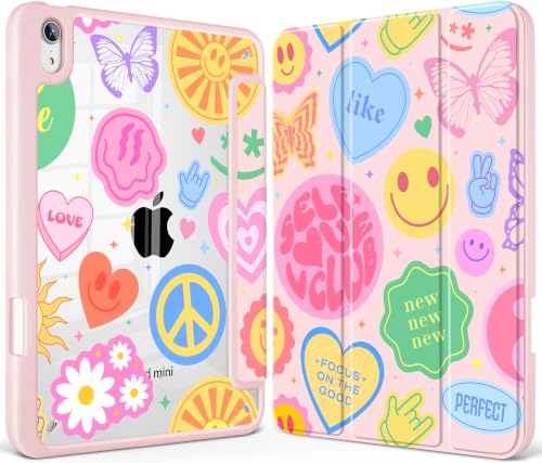 May Chen Hybrid Slim Case for iPad mini 7 (A17 Pro, 7th Generation) 2024 / iPad mini 6 (6th Gen) 8.3 Inch, [Built-in Pencil Holder] Shockproof Cover Clear Clear Back Shell Auto Wake/Sleep, Smile Art