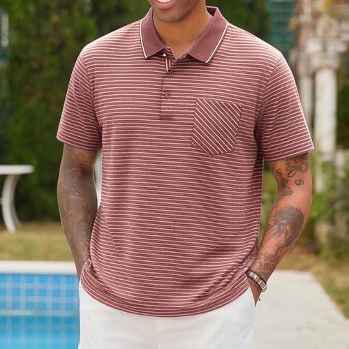 Polo para hombre a rayas de algodón con mangas cortas, clásico cuello, casual y para golf con bolsillo miniatura 2