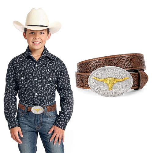 XIAOWU Kinder Cowboy Gürtel für Jungen Mädchen 2 8 cm Breite Western Geprägte Echte Leder Gürtel für Jeans Hose Kleider Geschenk