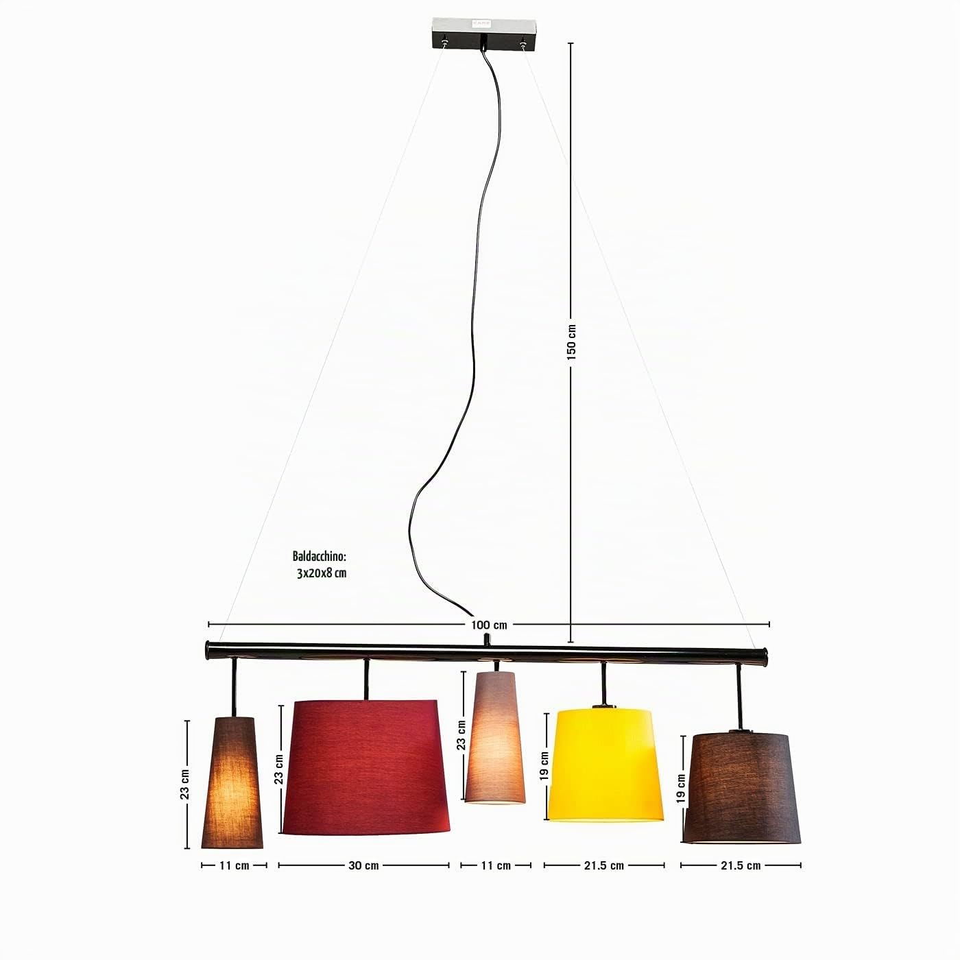 Kare Design Lampada A Sospensione, Parecchi, Multicolore, 160x107x30cm, Lunghezza Filo 120cm, Sala Da Pranzo, Misure Plafoni 23Xø11Cm, 23Xø30Cm, 19Xø21,5cm, Lampadine Non Incluse