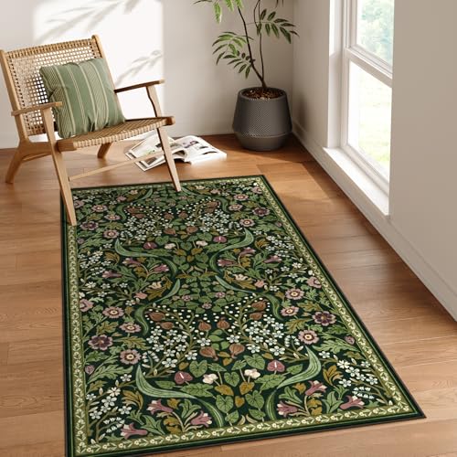 Moynesa Floral 3x5 Area Rug, Washable Non Slip Soft Bedroom Rugs, Boho Green Small Rugs for Living Room, Botanical Ultra Thin Throw Carpet for Kitchen Entryway Bathroom, Green
