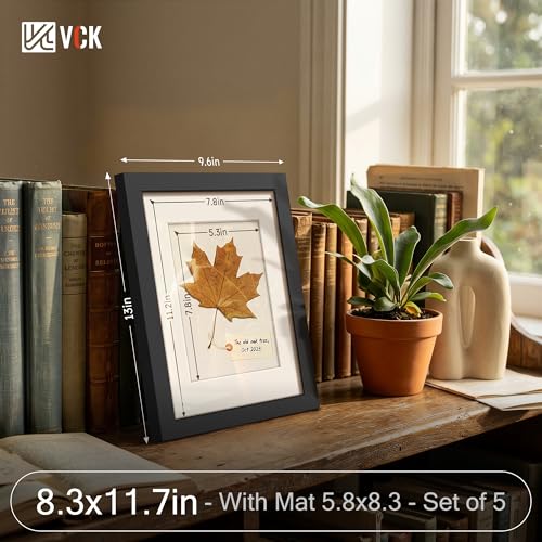 Image of VCK A4 Frame 5 Pack, Black Wood with A5 Mat, Glass, for Picture, Photo