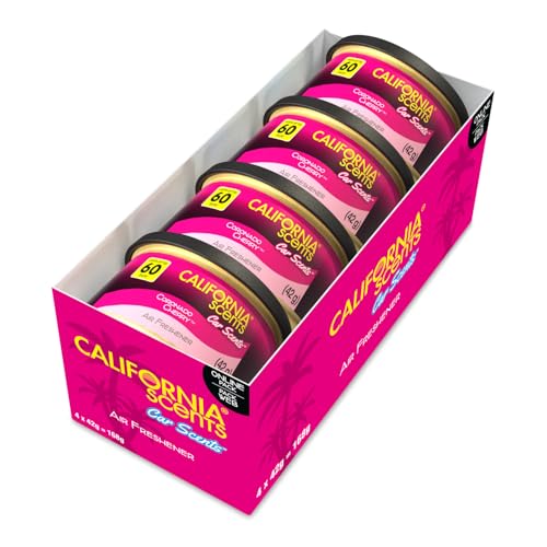 California Scents Ambientador de coche en Lata Premium - 4 Pack (Hasta 60 Días)- Fragancia Duradera de Cereza - Control de Intensidad de Olor para un Ambiente Fresco y Personalizado en tu Coche, 42g