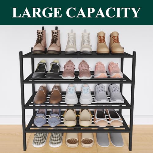 Image of Smiry Bamboo Shoe Rack, 5 Horizontal Slats, 4 Tier - 26.8 inch Wide, Black