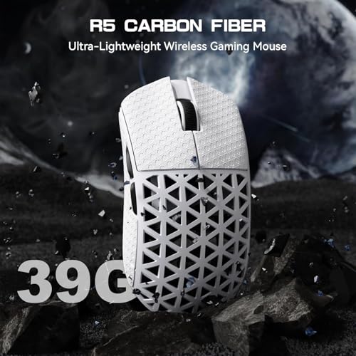Image of ATTACK SHARK R5 Ultra Wireless Gaming Mouse,Carbon Fiber Shell 39g Superlight,PAW3950MAX Optical Sensor Nordic 52840 MCU 8K Polling 42K DPI,Tri-Mode Programmable Mice with Coiled Cable-White&Griptape