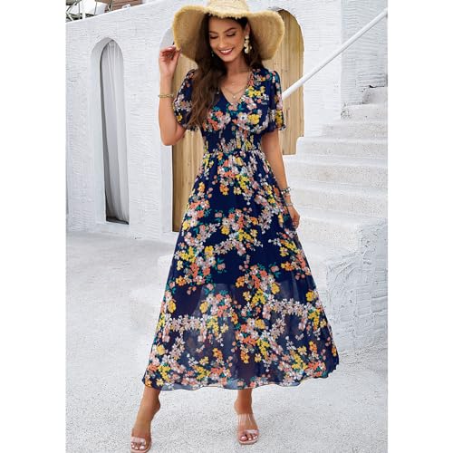 SYKT Women's Dresses Summer Bohemian Elegant Casual Short Sleeve Floral Print Midi Dress