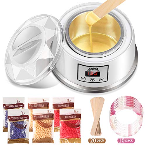 Waxing Kit, Digital Wax Heater, Araktin New model Painless Wax Warmer with 6 Bags Hard Wax Beans and 20 pcs Wax Applicator Sticks for Full Body Hair Removal Spa 110V