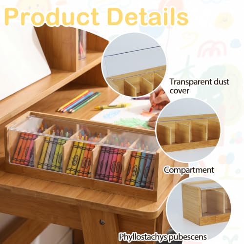 Lolytama Crayon Box, Stackable Bamboo Pencil Box with Clear Lid and 6 Compartments, Color Pencil Organizer for Crayons Markers Pens Craft Supplies Classroom Desk, (1 Pack Natural) - Image 4