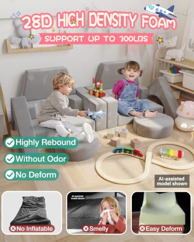 Image of YEFU 15pcs Modular Kids Play Couch,1000+ Imagination Creative Play | for kids ages 1+,7 shapes,countless configurations,30D high-density foam,fort building,washable cover, playroom,birthday gift