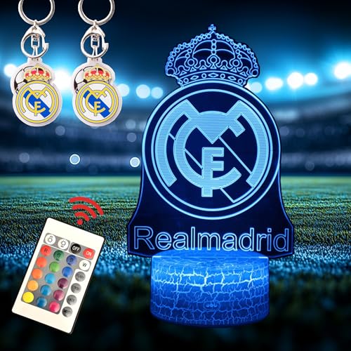 Madrid Lámpara 3D Regalos + 2 Llaveros del Madrid con Pelota | Lámpara Fútbol del Madrid con 16 Iluminaciones diferentes con Mando Incluido | Regalo para niños y adultos aficionados al fútbol