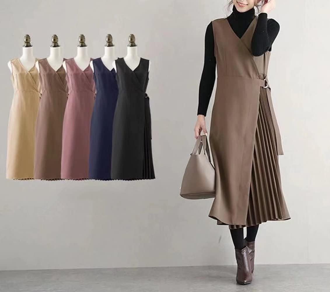 [Exsaupy] ワンピース ジャンパースカート レディース プリーツワンピース Vネック ノースリーブ 重ね着 プリーツ ワンピ 秋 冬 春 無地 シンプル ロングワンピース 大人 レイヤード ロング丈 膝丈 マキシワンピース 着痩せ OL 通勤 日常着