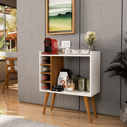 Aparador com Adega Bar Cantinho do Café Pés Palito Retrô Berlim Cor:Off White com Freijó