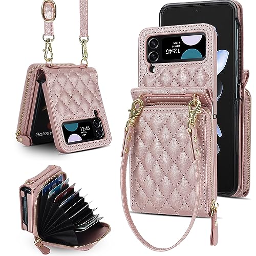 XIZYO Fermeture à Glissière Paquet de Cartes Flip PU Cuir Coque pour Samsung Galaxy Z Flip 3, avec Lanière Amovible et Réglable, Housse Filles Femmes...